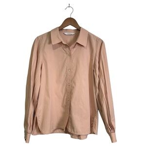 Rebecca Taylor L Peach Pink Pleated Long Sleeve Slub Button Down Blouse Top
